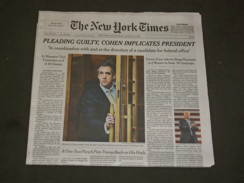 2018 AUGUST 22 NEW YORK TIMES - MICHAEL COHEN PLEADS GUILTY - IMPLICATES TRUMP