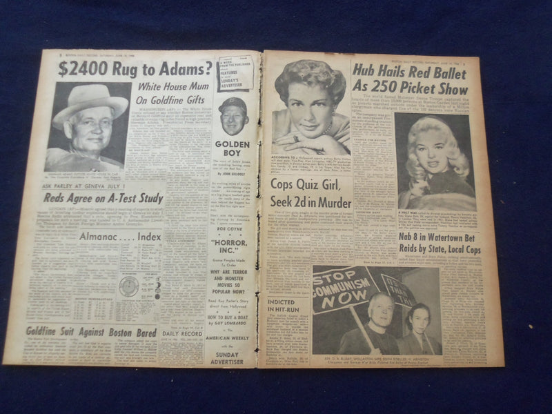 1958 JUNE 14 BOSTON RECORD AMERICAN NEWSPAPER-GOLDFINE RUG GIFT TO ADAMS-NP 6271