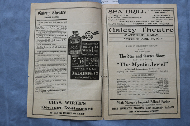 1914 AUGUST 31 THE STAR AND GARTER SHOW PROGRAM - GAIETY THEATRE - K 2749