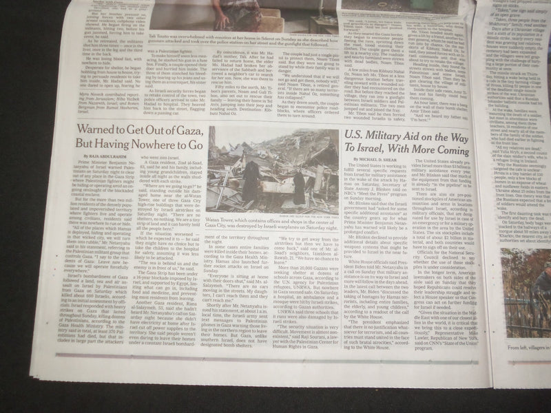 2023 OCTOBER 9 NEW YORK TIMES - CUAGHT OFF GUARD, ISRAEL FIGHTS BACK