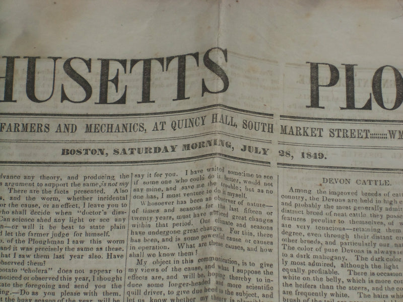 1849 JULY 28 MASSACHUSETTS PLOUGHMAN NEWSPAPER - CALEDONIA ARRIVAL - NP 5171