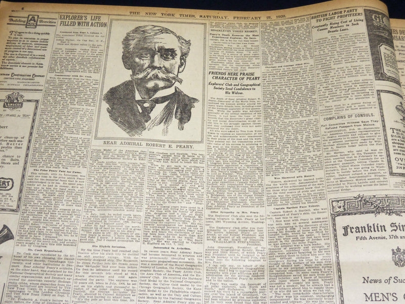 1920 FEBRUARY 21 NEW YORK TIMES - R. E. PEARYPOLE DISCOVERER DEAD - NT 7882