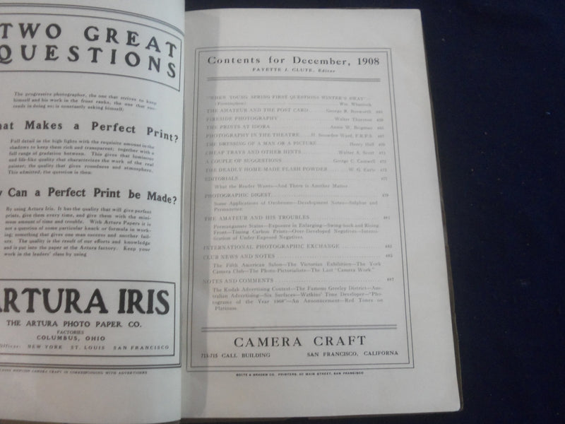 1908 DECEMBER CAMERA CRAFT MAGAZINE - SAN FRANCISCO - PHOTOS & ADS - SP 9336C