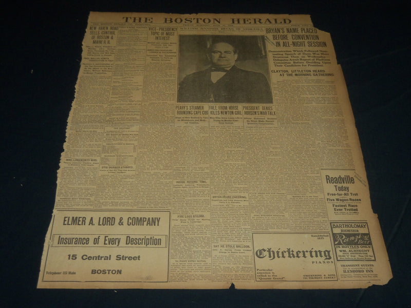 1908 JULY 10 THE BOSTON HERALD - BRYAN'S NAME PLACED BEFORE CONVENTION - BH 320
