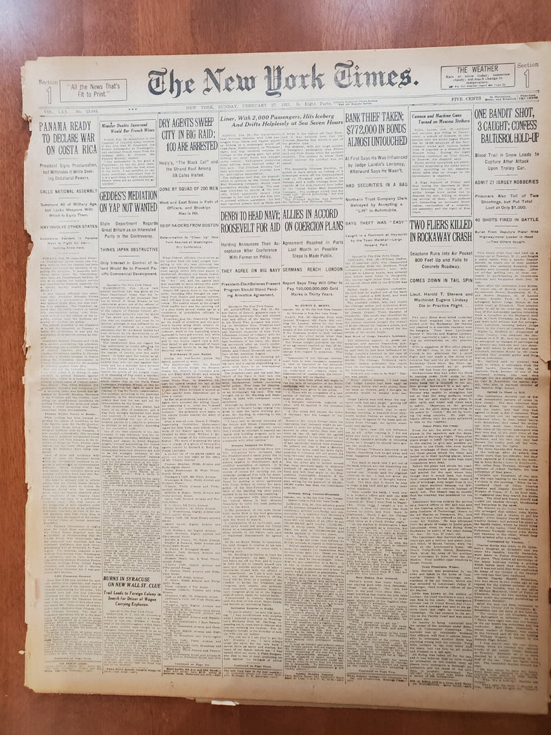 1921 FEBRUARY 27 NEW YORK TIMES - DRY AGENTS SWEEP CITY IN BIG RAID - NT 8128
