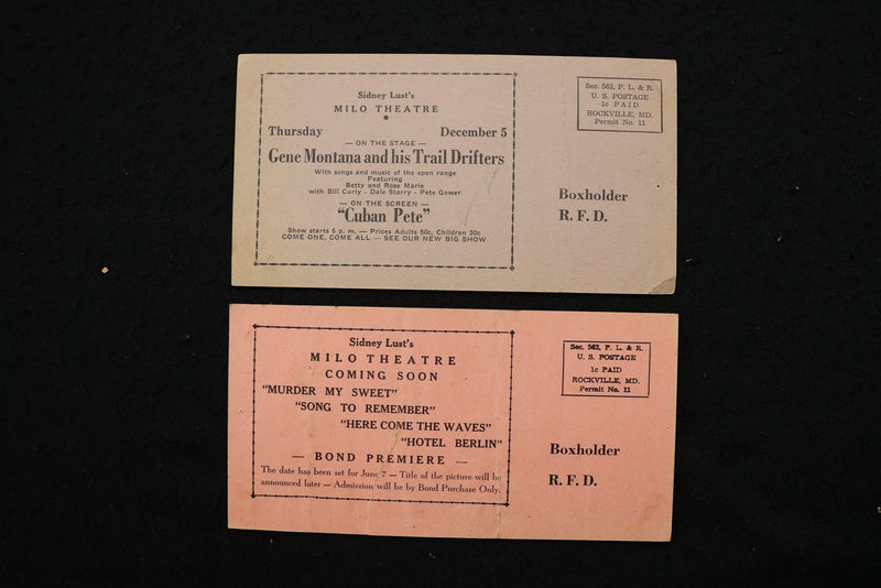 1940'S SIDNEY LUST'S MILO THEATRE PROGRAM CARDS - LOT OF 4 - ROCKVILLE - K 2819