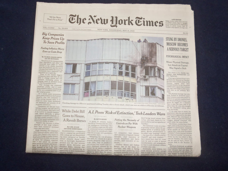 2023 MAY 31 NEW YORK TIMES - STUNG BY DRONES, MOSCOW BECOMES A NERVOUS TARGET