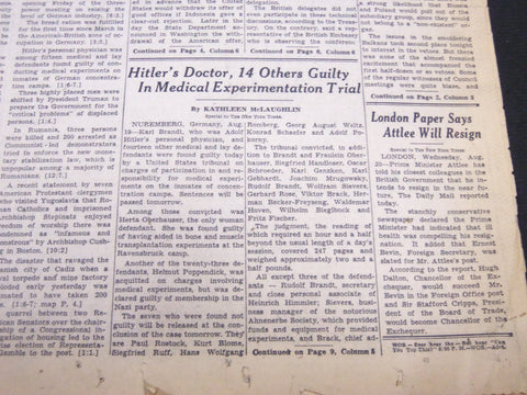 1947 AUGUST 20 NEW YORK TIMES - HITLER'S DOCTOR 14 OTHERS GUILTY - NT 5134