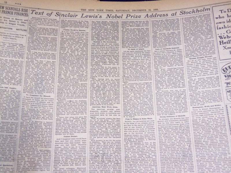 1930 DECEMBER 13 NEW YORK TIMES - SINCLAIR LEWIS ACCEPTS NOVEL PRIZE - NT 1669