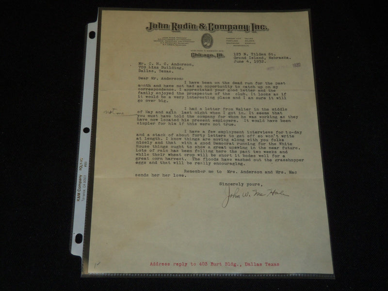 1932 JOHN MCHALE TYPED SIGNED LETTER ON JOHN RUDIN & CO. STATIONARY - J 5355