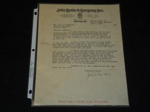 1932 JOHN MCHALE TYPED SIGNED LETTER ON JOHN RUDIN & CO. STATIONARY - J 5355