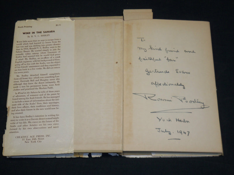 1944 WIND IN THE SAHARA HARDCOVER BOOK INSCRIBED BY R. V. C. BODLEY - D 418