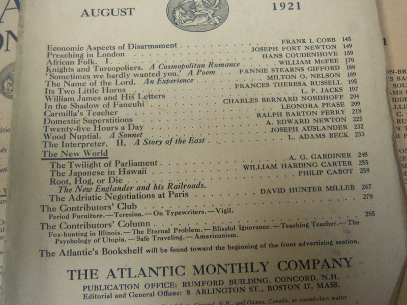 1921 THE ATLANTIC MONTHLY MAGAZINE LOT 9 ISSUES - GREAT COLOR ADS - WR 341D