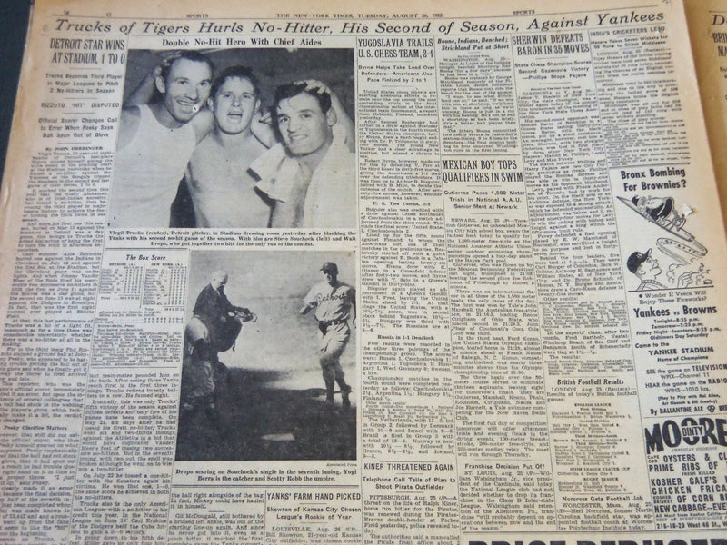1952 AUGUST 26 NEW YORK TIMES - 2D NO-HITTER BY TRUCKS THIS YEAR - NT 5792