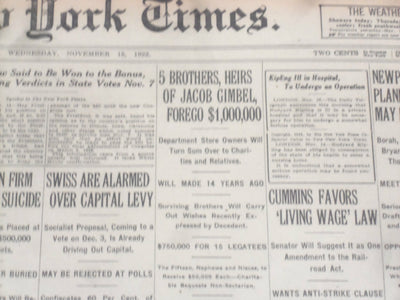 1922 NOVEMBER 15 NEW YORK TIMES - JACOB GIMBEL HEIRS FOREGO $1,000,000 - NT 8427