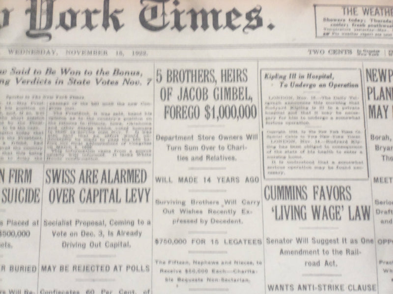 1922 NOVEMBER 15 NEW YORK TIMES - JACOB GIMBEL HEIRS FOREGO $1,000,000 - NT 8427