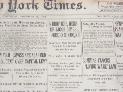 1922 NOVEMBER 15 NEW YORK TIMES - JACOB GIMBEL HEIRS FOREGO $1,000,000 - NT 8427