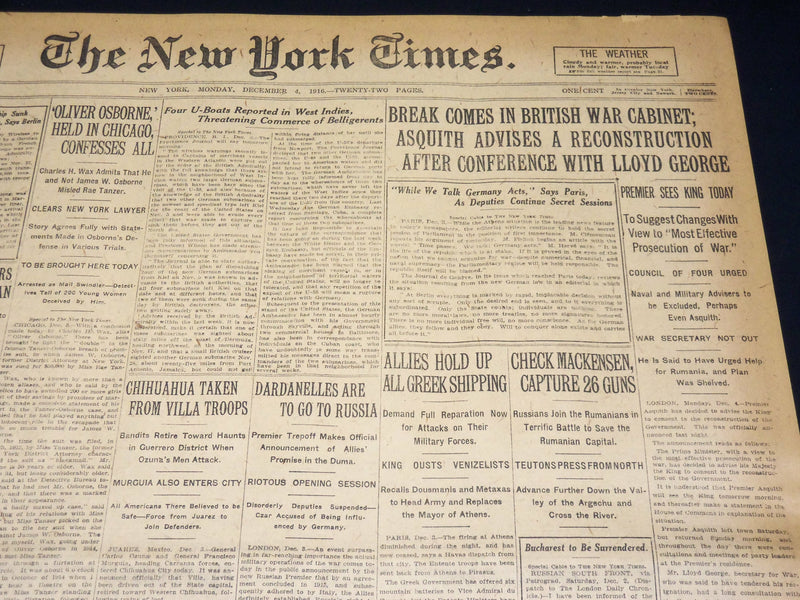 1916 DECEMBER 4 NEW YORK TIMES - CHIHUAHUA TAKEN FROM VILLA TROOPS - NT 8627