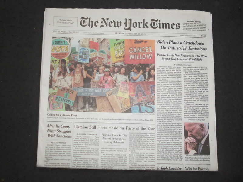 2023 SEPTEMBER 18 NEW YORK TIMES -BIDEN PLANS CRACKDOWN ON INDUSTRIES' EMISSIONS