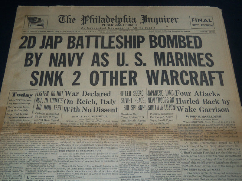1941 DEC 12 PHILADELPHIA INQUIRER - 2D JAP BATTLESHIP BUMBED BY NAVY - NT 7508