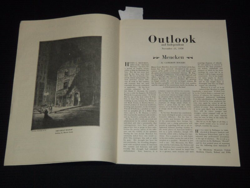 1928 NOVEMBER 21 OUTLOOK AND INDEPENDENT MAGAZINE - MENCKEN - J 7480