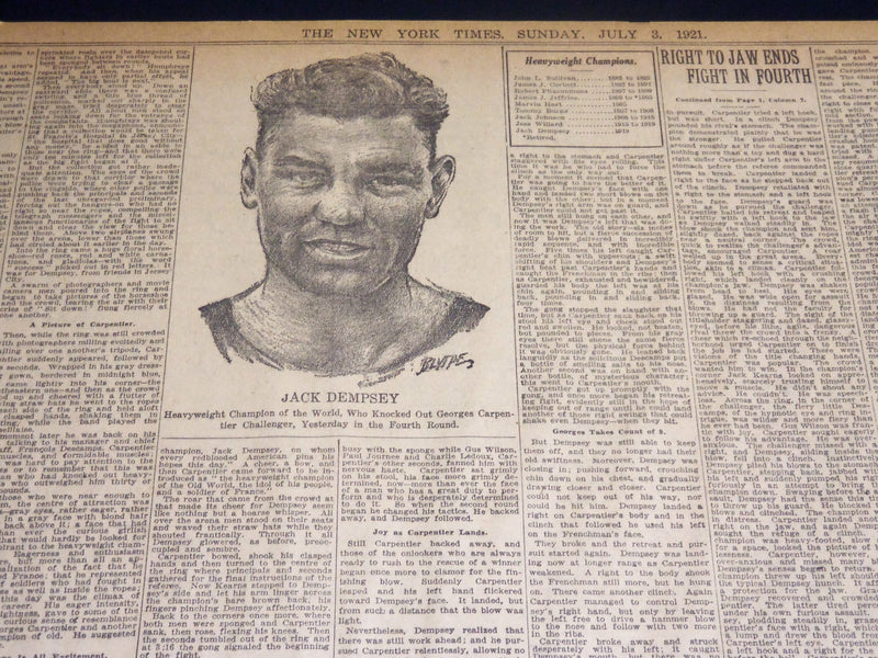 1921 JULY 3 NEW YORK TIMES - DEMPSEY KNOCKS OUT CARPENTIER IN 4TH ROUND- NT 8694