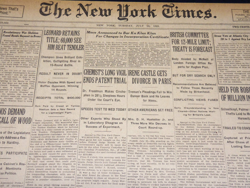 1923 JULY 24 NEW YORK TIMES - LEONARD RETAINS TITLE BEATS TENDLER - NT 7755