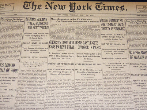 1923 JULY 24 NEW YORK TIMES - LEONARD RETAINS TITLE BEATS TENDLER - NT 7755