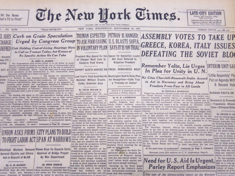 1947 SEPT 24 NEW YORK TIMES - PETKOV IS HANGED U. S. BLASTS SOFIA - NT 122