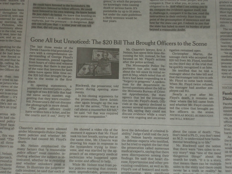 2021 APRIL 20 NEW YORK TIMES - CHAUVIN TRIAL GOES TO JURY - WALTER MONDALE DIED