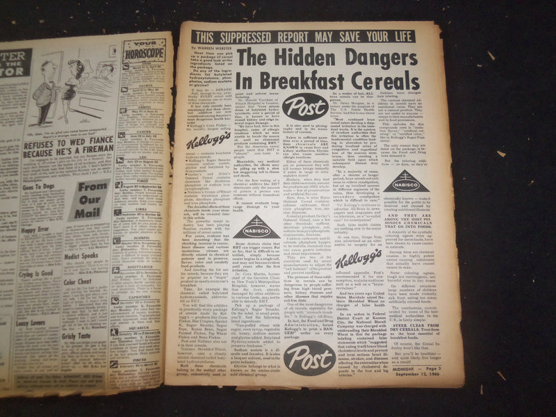 1966 SEPTEMBER 12 MIDNIGHT NEWSPAPER - CEREALS DEADLY POISON - NP 7368