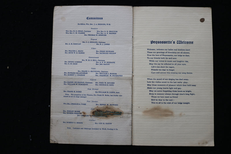 1912 APRIL 10 PEQUOSETTE LODGE A.F. & A.M. PROGRAM - WATERTOWN, MA - K 1815