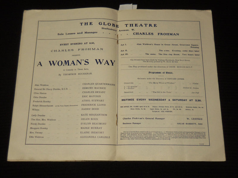 1910 A WOMAN'S WAY GLOBE THEARE PROGRAMME - CHARLES FROHMAN - K 581