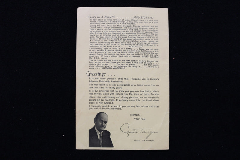 1950'S CAESAR'S MONTICELLO MENU - VICTOR BORGE SIGNED COVER - K 2863