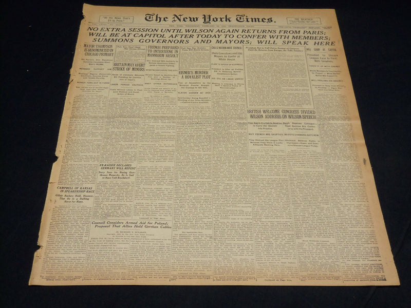 1919 FEBRUARY 26 NEW YORK TIMES - NO EXTRA SESSION UNTIL WILSON RETURNS- NT 7969