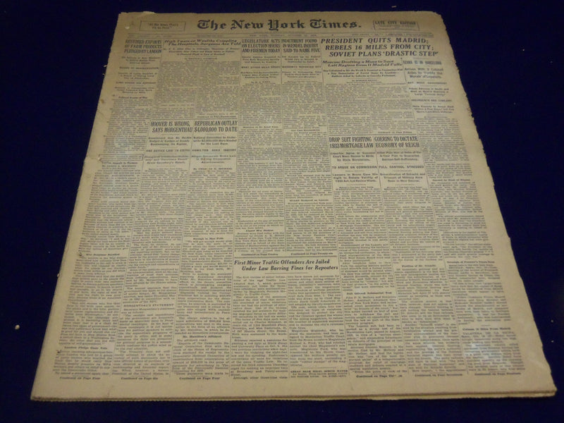 1936 OCT 20 NEW YORK TIMES - PRESIDENT QUITS MADRID REBELS 16 MILES - NT 2135
