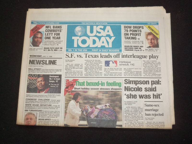 1996 DECEMBER 4 USA TODAY NEWSPAPER - SIMPSON PAL: NICOLE 'SHE WAS HIT'- NP 7838