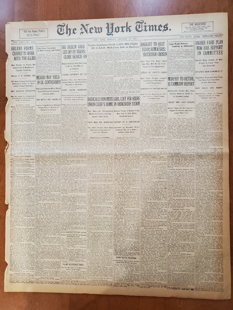 1921 JANUARY 17 NEW YORK TIMES - COMMISSIONER ENRIGHT TO QUIT TODAY - NT 8096