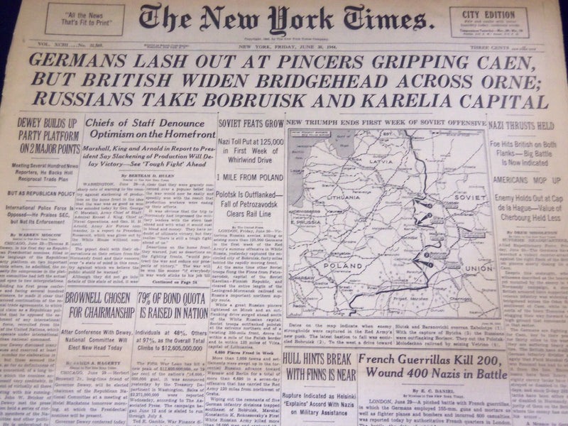 1944 JUNE 30 NEW YORK TIMES - GERMANS LASH OUT AT PINCERS GRIPPING CAEN- NT 1737