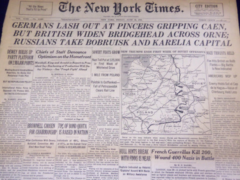 1944 JUNE 30 NEW YORK TIMES - GERMANS LASH OUT AT PINCERS GRIPPING CAEN- NT 1737