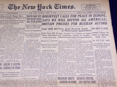 1939 APRIL 15 NEW YORK TIMES - ROOSEVELT CALLS FOR PEACE IN EUROPE - NT 1323