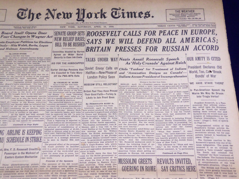 1939 APRIL 15 NEW YORK TIMES - ROOSEVELT CALLS FOR PEACE IN EUROPE - NT 1323