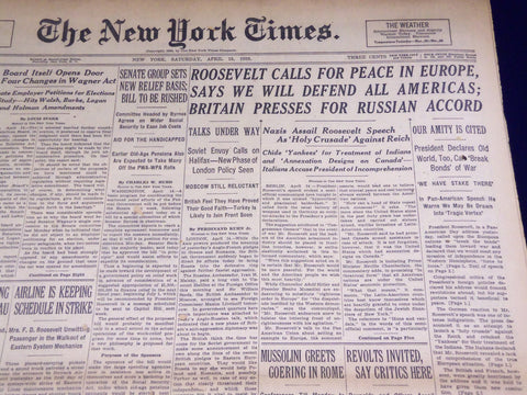 1939 APRIL 15 NEW YORK TIMES - ROOSEVELT CALLS FOR PEACE IN EUROPE - NT 1323