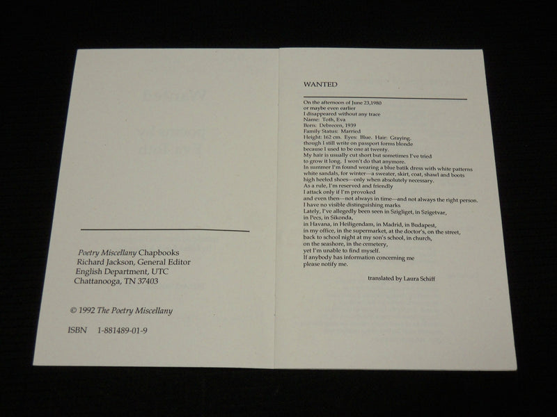 1992 WANTED POEMS SOFTCOVER BOOK BY EVA TOTH - LAURA SCHIFF & PETER JAY - J 6979