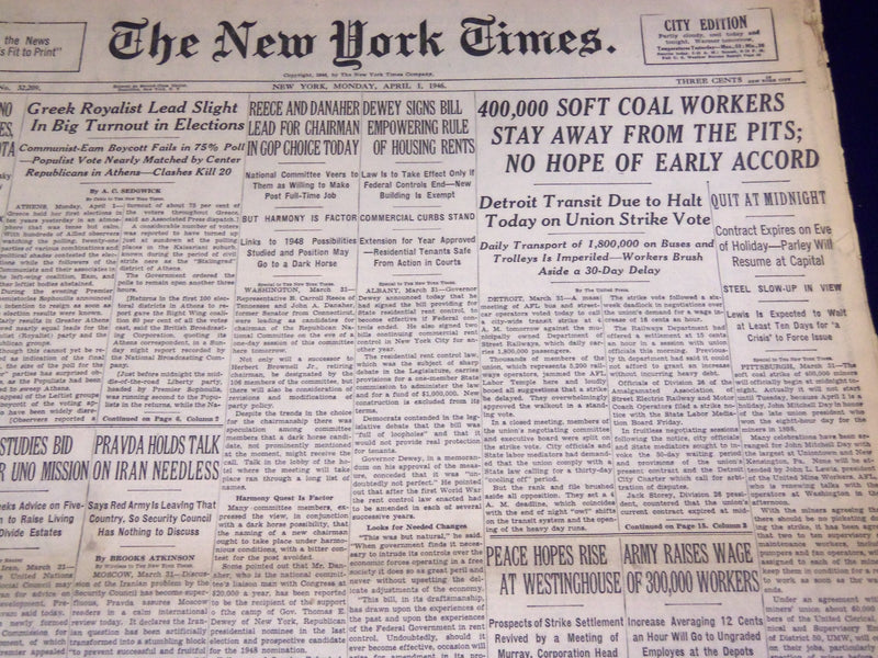 1946 APRIL 1 NEW YORK TIMES - COAL WORKERS STAY AWAY - NT 3128