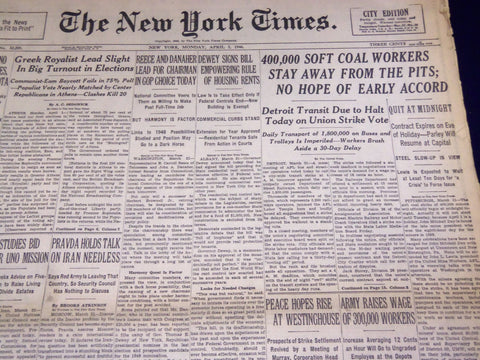 1946 APRIL 1 NEW YORK TIMES - COAL WORKERS STAY AWAY - NT 3128