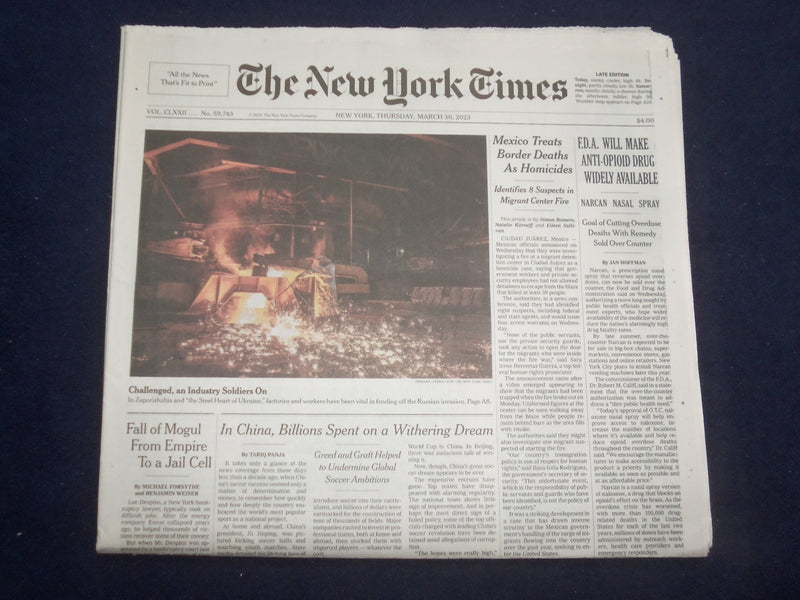 2023 MARCH 30 NEW YORK TIMES - FDA WILL MAKE ANTI-OPIOID DRUG WIDELY AVAILABLE