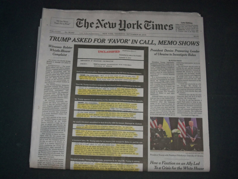 2019 SEPTEMBER 26 NEW YORK TIMES - TRUMP ASKED FOR FAVOR IN CALL, MEMO SHOWS