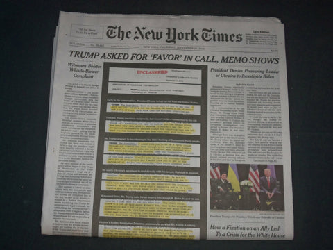 2019 SEPTEMBER 26 NEW YORK TIMES - TRUMP ASKED FOR FAVOR IN CALL, MEMO SHOWS