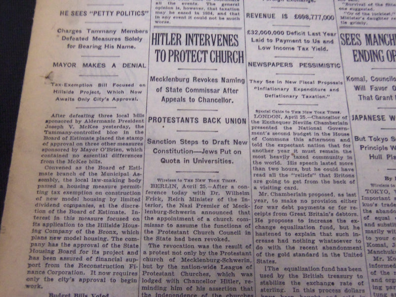 1933 APRIL 26 NEW YORK TIMES - HITLER INTERVENES TO PROTECT CHURCH - NT 5241